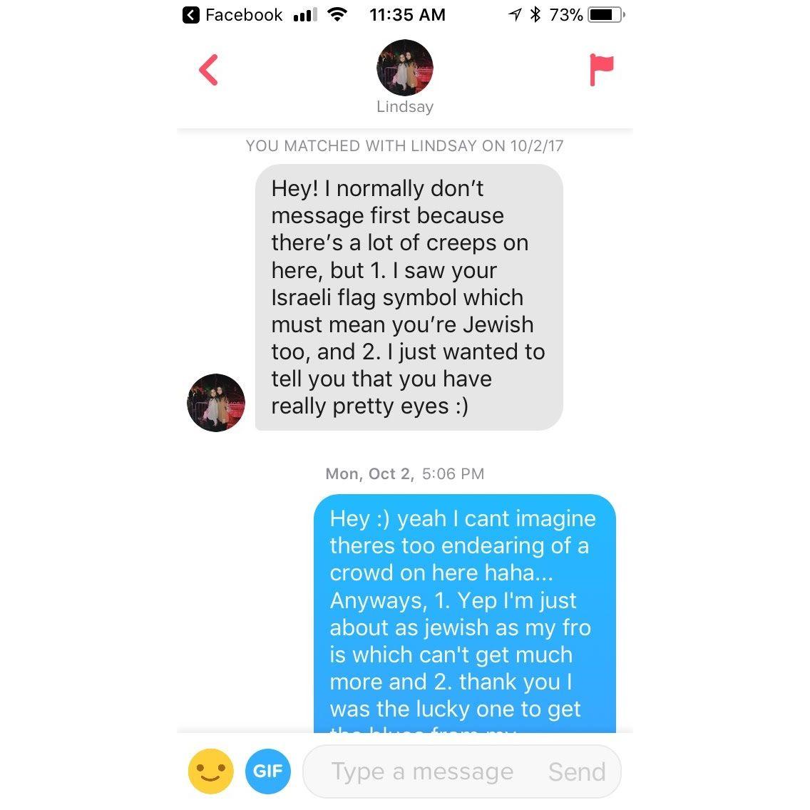 Our first conversation after we matched on Tinder.