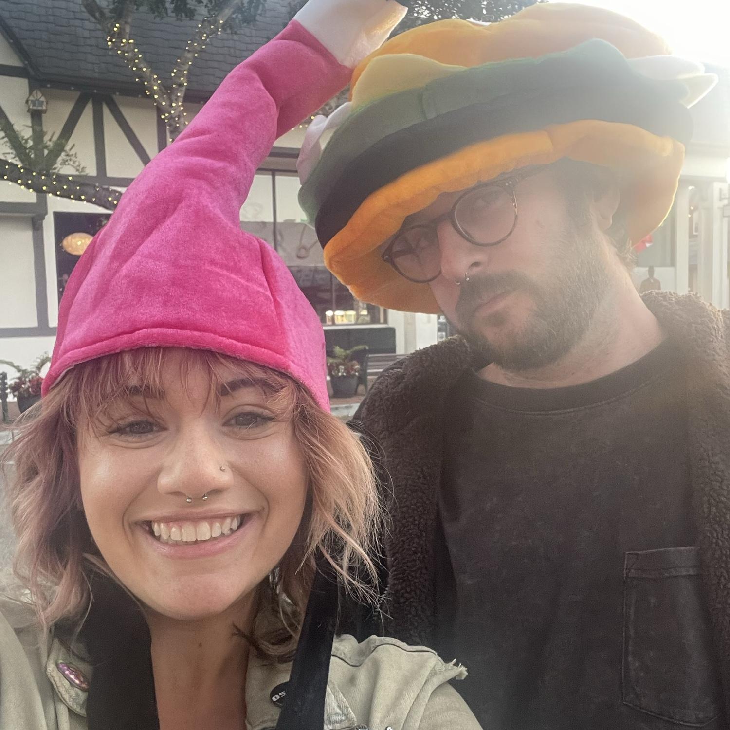 Silly hats in Solvang. Shortly after this, we ran into the girls from the Jersey Shore filming in a tiki bar. Christina blended right in.