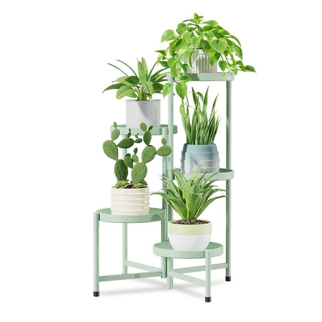 iDavosic.ly 5 Tier Large Plant Stand Indoor, 10 Inch Wide Corner Tall Metal Plant Stands Outdoor for Multiple Plants, Folding Tiered Flower Display Holder Rack Shelf, Light Green