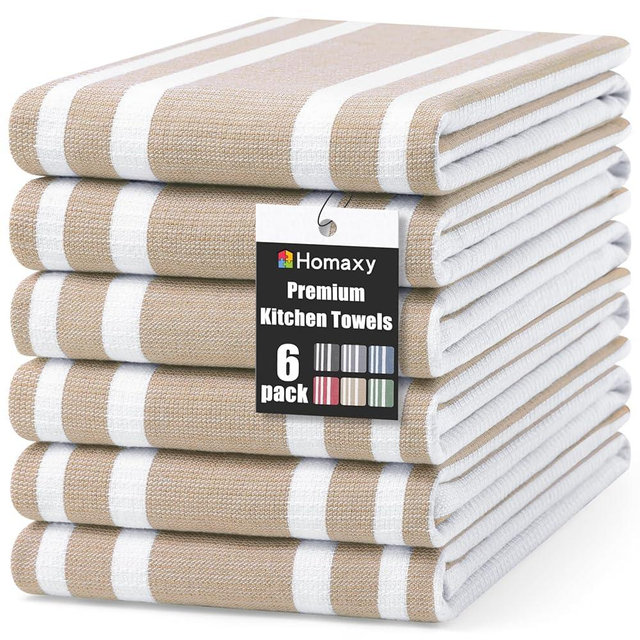 Homaxy Premium Kitchen Towels 18”x 28”, Large Cotton 380 GSM Kitchen Hand Towels, Stripe and Terry Dish Towel, Highly Absorbent Tea Towel Set with Hanging Loop, 6 Pack, Khaki