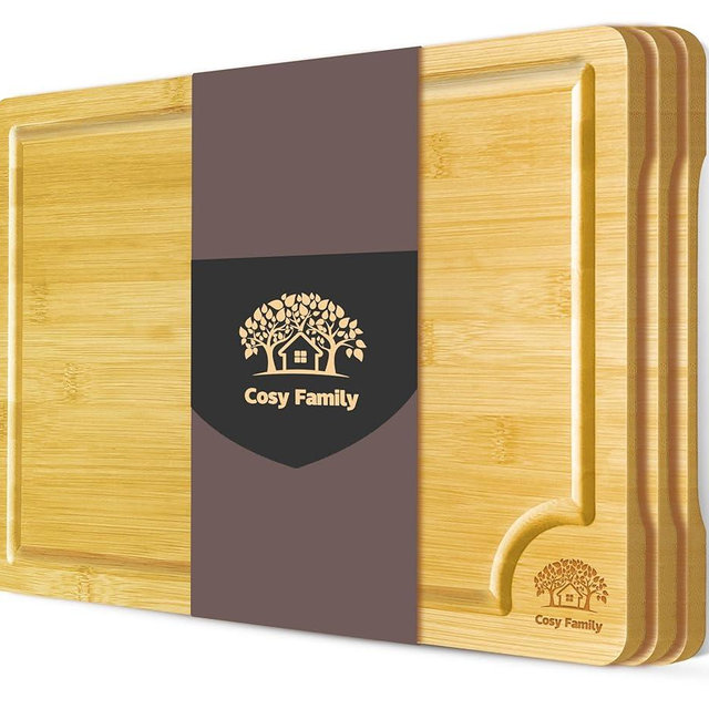 Cosy Family Wood Cutting Boards for Kitchen - Set of 3 - Bamboo Cutting Boards with Juice Groove, Serving Board Set, Thick Chopping Board for Meat, Veggies, Easy to clean, (M 12x8")