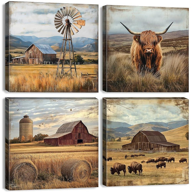 Highland Cow Wall Art Rustic Farmhouse Wall Decor Country Farm Animal Pictures Vintage Barn Windmill Landscape Canvas Prints Painting Modern Artwork for Bedroom Living Room Home Decoration 16x16" 4Pcs