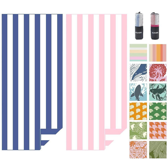 Eunzel 2 Pack Microfiber Beach Towel, Quick Dry Travel Towel Large Sand Free Towel for Beach, Camping, Swim Pool, Gym, Sports& Yoga 71"x32", Stripe Navy & Pink