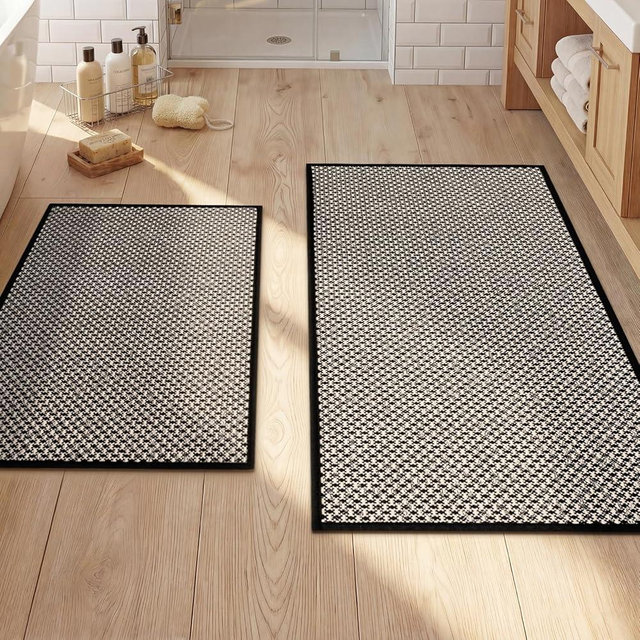 YIHOUSE Thin Bath Mat Black Bathroom Rugs Sets 2 Pieces, Non Slip Absorbent Mats Quick Dry, Woven Rugs Washable, Tapetes para Baño for Bathroom Toliet,Bathtub(17"x24"+17"x32")