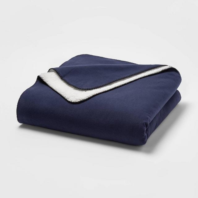 Full/Queen Solid Flannel & Sherpa Bed Blanket Navy - Threshold™