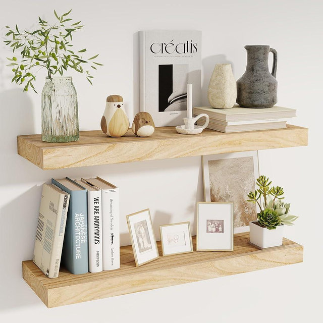 fuqing 30 Inch Floating Shelves | Natural Wood Floating Shelves Set of 2 | 30" W x 9.3" D x 1.6" H Natural Wooden Shelves for Room Storage and Decor