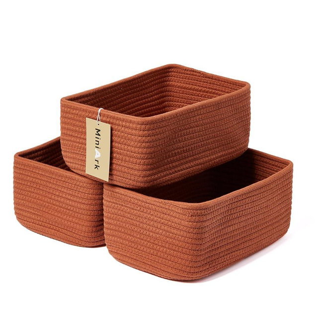 MiniArk Small Storage Baskets for Organizing | Closet Organizer Bins | Shelf Toy Basket | Woven Rope Baskets | Cube Decorative Box | Shallow Basket | 11.5x7.5x4.7” | 3 Packs Oxide Red