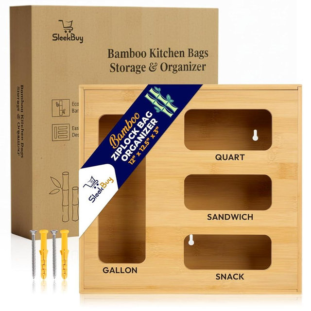 Storage Bag Organizer for Kitchen Drawer, Bamboo Bag Storage with 4 Slots, Plastic Bag Holder with Laser Engraved Labels & Screws, Space-Saving Kitchen Essential for Pantry, Apartment, and Home Use