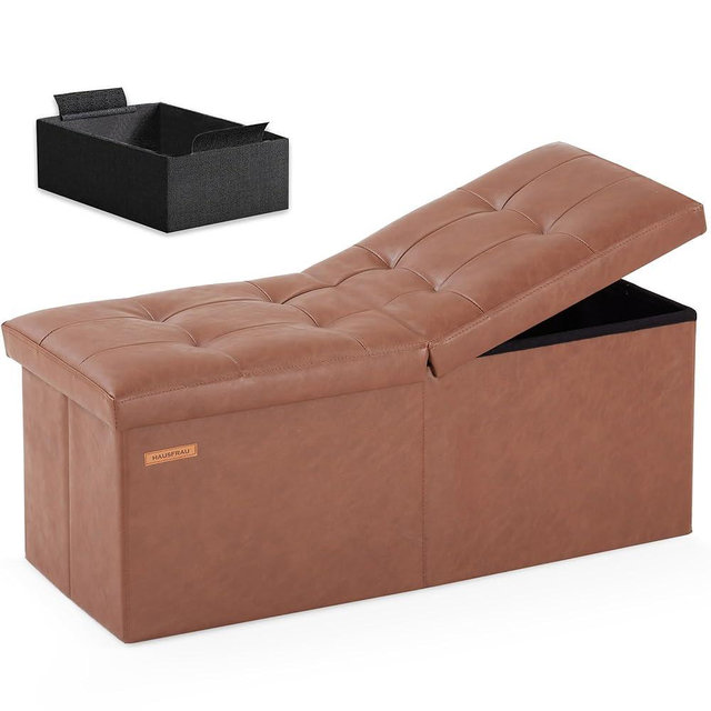HAUSFRAU 31.5 Inches Ottoman with Storage, Folding Ottoman Bench Small Foot Rest Stool, Bedroom Bench with Flipping Lid, Faux Leather Retro Brown