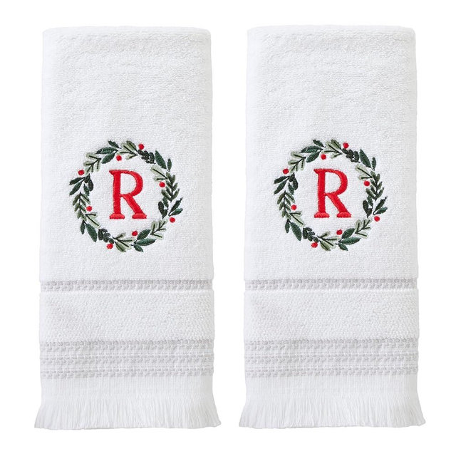 SKL Home Christmas/Winter Wreath Monogram Hand Towel R 2pc Set for Bath/Kitchen/Bar & Gift, White