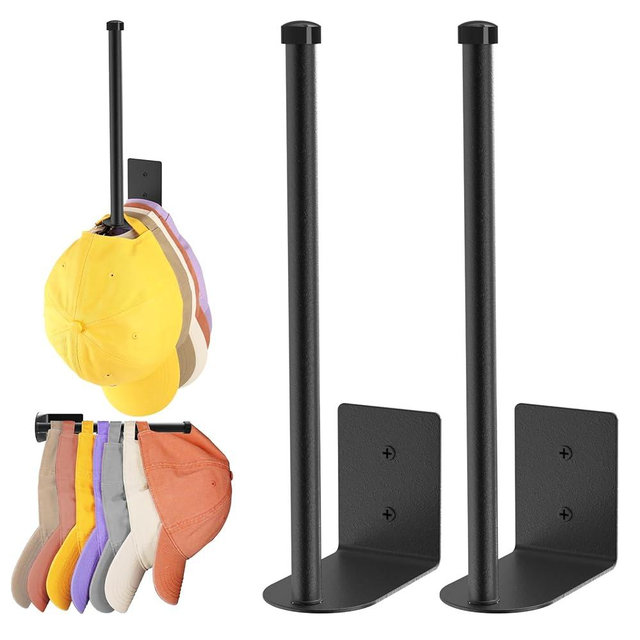 2 Pack Black Hat Racks for Baseball Caps, Stainless Steel Hat Organizer for Baseball Cap, Hat Holder Storage Organizer, Hat Hanger Strong Adhesive/Wall Drilled for Door,Bedroom,Closet(8.26 in)
