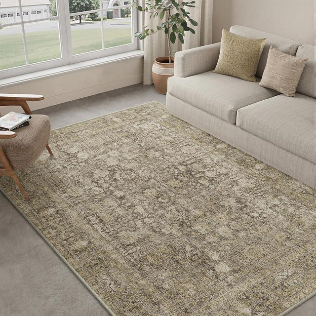 PureCozy Brown Area Rug 5x7 Machine Washable Vintage Living Room Distressed Non Slip Carpet Traditional Indoor Bedroom Retro Floral Accent Throw Large Rug Office Kitchen Bathroom Dining Room