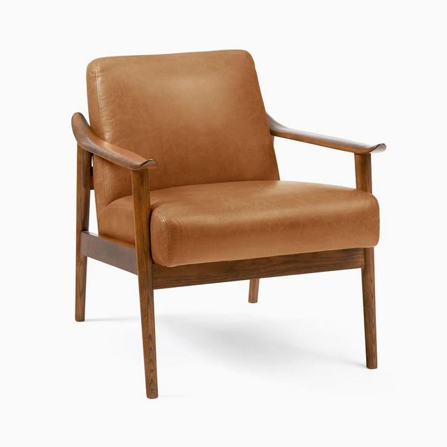 Mid-Century Show Wood Chair, Poly, Vegan Leather, Saddle, Pecan