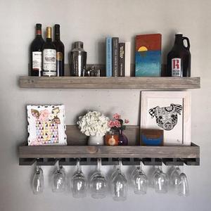36" (LONG) Rustic Wood Wine Rack | Shelf & Hanging Stemware Glass Holder Organizer Bar Shelf Floating Ledge Unique (Grey)