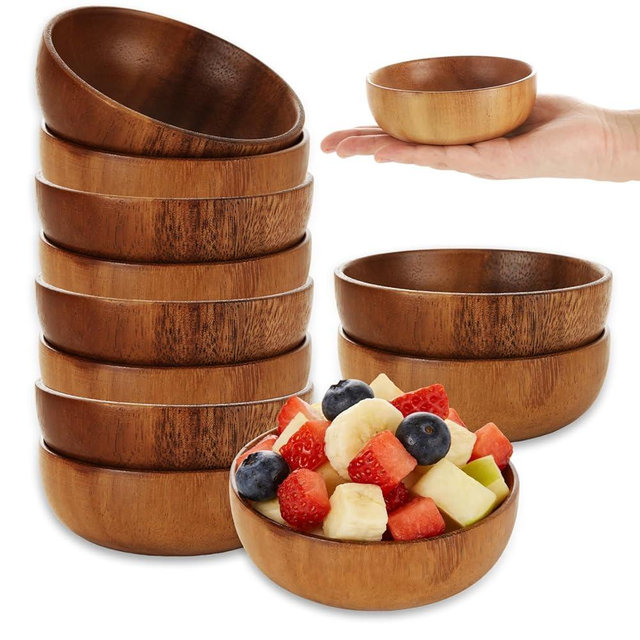 GBACHOOSE 10 Pack 4" Acacia Wooden Bowls, Small Wooden Salad Bowls for Serving Popcorn Pasta Candy Coconut Nuts Sauce Appetizers, Natural Wooden Bowls for Food Prep and Snacks