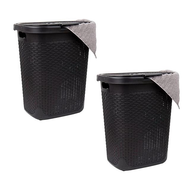 Mind Reader Basket Collection, Slim Laundry Hamper, 50 Liter (15kg/33lbs) Capacity, Cut Out Handles, Attached Hinged Lid, Ventilated, Set of 2, Black