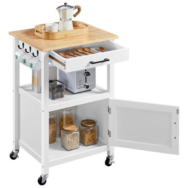 Yaheetech Rolling Kitchen Island Trolley Cart with Open Shelf,side hooks and Storage Cabinet