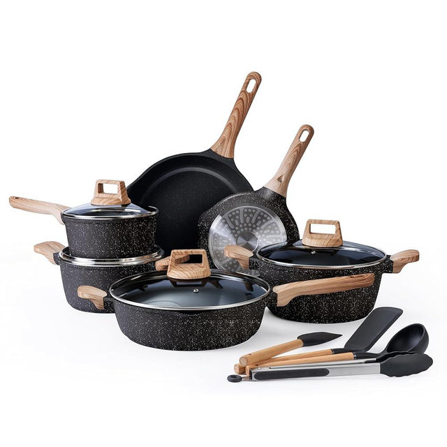 Country Kitchen Pots and Pans Set Nonstick, Cast Aluminum Kitchen Cookware Set with Utensils, 14 Pcs Non Stick Cooking Set w/Frying Pans & Saucepans, Black