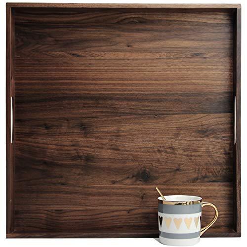 MAGIGO 19 x 19 Inches Large Square Black Walnut Wood Ottoman Tray with Handles, Serve Tea, Coffee or Breakfast in Bed, Classic Wooden Decorative Serving Tray
