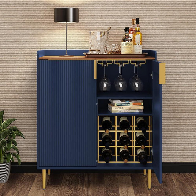ARTPOWER Sideboard Buffet Cabinet with Fluted Texture, Modern Coffee Bar Cabinet with Wine Rack&Drawers, Blue Liquor Cabinet for Kitchen Dining Room, Living Room