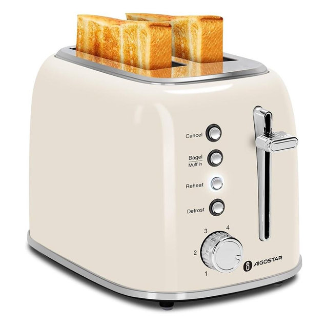 Aigostar Toaster 2 Slice, Retro Extra-Wide Slot Toasters Best Rated Prime for Toasting Bagels, Breads, Waffles & More, Cancel, Defrost & 6 Browning, Removable Crumb Tray, Stainless Steel, Cream White
