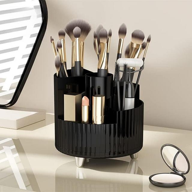Makeup Brush Holder, 360° Rotating Makeup Brush Organizer, Cosmetic Brushes Storage with 5 Slots for Vanity, Multi-Functional Pen Holder, Colored Pencil, Art Brushes Organizer for Desk, Black