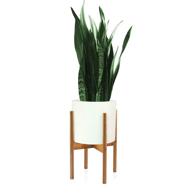Fox & Fern Mid-Century Modern Plant Stand - Bamboo - EXCLUDING 10" White Ceramic Planter Pot