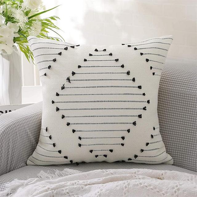 KKY Boho Throw Pillow Cover Cotton Hand-Woven Farmhouse Throw Pillow Cover, Used in Sofa, Living Room and Bedroom(Cream 1pc, 18x18 inch)