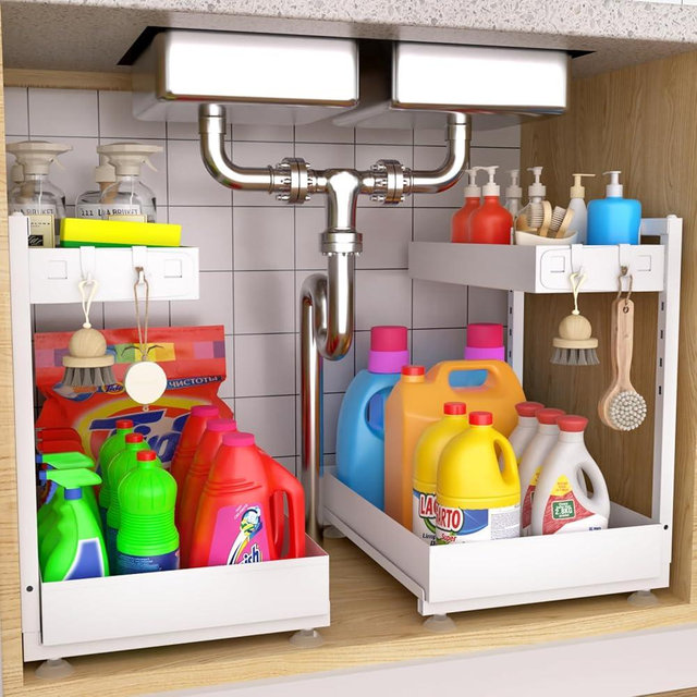 Kovryx Under Sink Organizer Bathroom Kitchen: 2 Pack 2 Tier Metal Under Cabinet Storage with Height-adjustable Shelf and Pull out Rack for Pantry Vanity Cupboard Counter Countertop