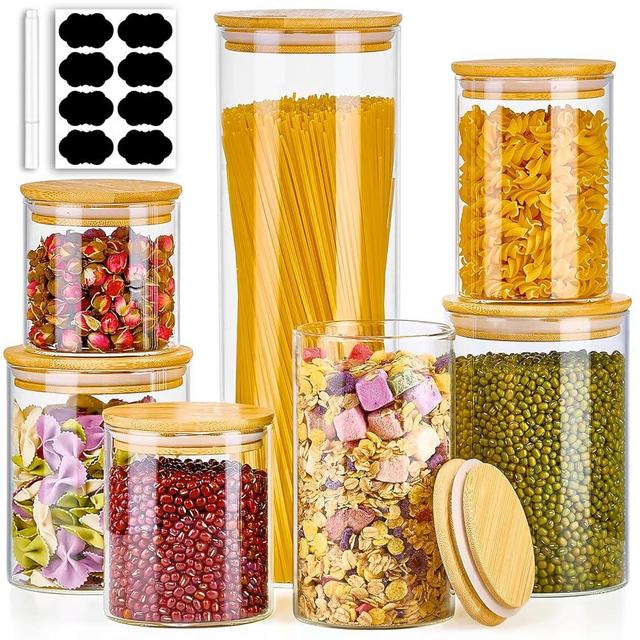Meolibour 7 Pack Thicker Glass Food Storage Jars with Airtight Bamboo Lids, Clear Glass Storage Containers, Glass Canisters Set for Pasta, Nuts, Coffee Beans, Kitchen Pantry Organization Jar, BPA Free