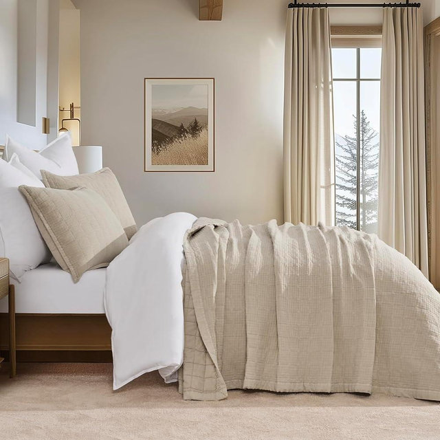 EVERGRACEHOME Stonewashed Cotton Quilt Set Queen Size, Ultra Soft Oversized Bedspread Coverlet Set, Lightweight Crinkle Box Stitch Bedding Sets for All Season, with 2 Matching Shams, Flax Beige