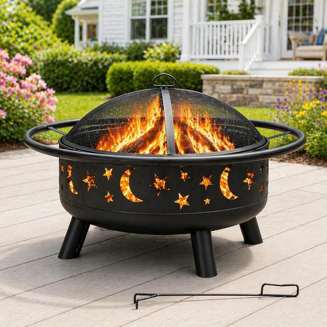 Grovelli 38" Round Wood Burning Fire Pit with Mesh Cover, Fire Poker, Star & Moon Cutouts, Metal Outdoor Firepit for Patio, Backyard, Garden, Bonfire, Camping, Christmas, Thanksgiving, Halloween
