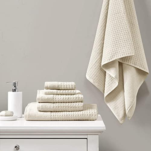 Madison Park 6 Piece 100% Cotton Set for Bathroom, 2 Bath Hand Towels, 2 Washcloths, Spa Luxurious Jacquard Waffle Comb Textured Design, 6 pcs, Taupe