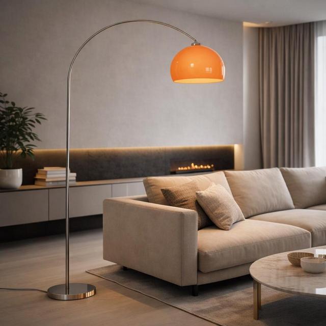 Arc Floor Lamp Orange Shade, Mid Century Modern Floor Lamp, Curved Standing Lamp for Living Room Decor, Retro Arc Lamp