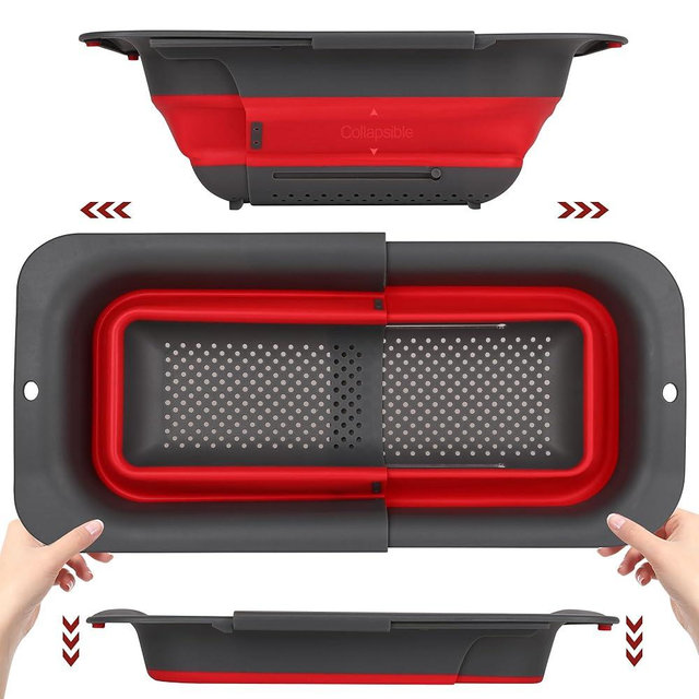 ROTTOGOON 7Qt Collapsible Colander Strainer, Expandable Over the Sink Colander, Adjustable Silicone Kitchen Sink Strainer, Foldable Large Colander Basket to Wash Vegetable, Fruit, 15" to 19.9", Red