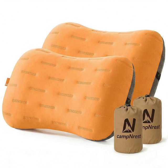 Inflatable Camping Pillow - Ultralight Compact Air Pillow for Travel, Backpacking & Hiking - Ergonomic Neck & Lumbar Support - Portable Inflatable Pillow with Removable Washable Cover -(Orange 2 Pack)