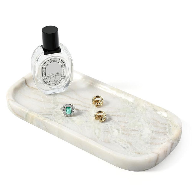 Koville Marble Tray, 10"x5" Marble Vanity Tray for Bathroom Countertop Kitchen Sink, Rectangular Stone Tray for Perfume Fragrance Jewelry Organizer, Decorative Catchall Tray(Bianco Palomino)
