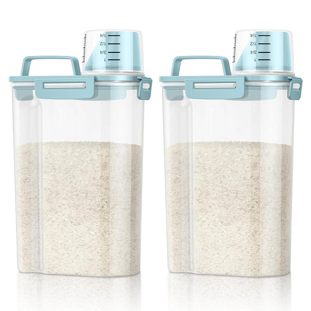 TBMax Rice Container Cereal Storage Container 2 Pack 5 Lbs, Plastic Kitchen Pantry Food Storage Container with Cup, Small Pet Dog Cat Food Container Dispenser -Blue