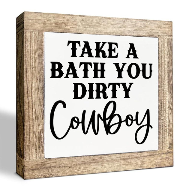 Bath Decor, Take a Bath You Dirty Cowboy Sign, Rustic Wooden Plaque, Funny Bathroom Decor for Men Boy, Western Home Decors, Decorative Wooden Table Sign 5.9X5.9X0.7inches