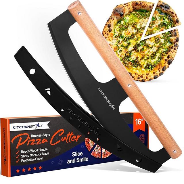 16" Pizza Cutter Rocker by KitchenStar - Razor Sharp Stainless Steel Slicer Knife w Wooden Handle & Blade Cover, Black - Premium Pizza Oven Accessories