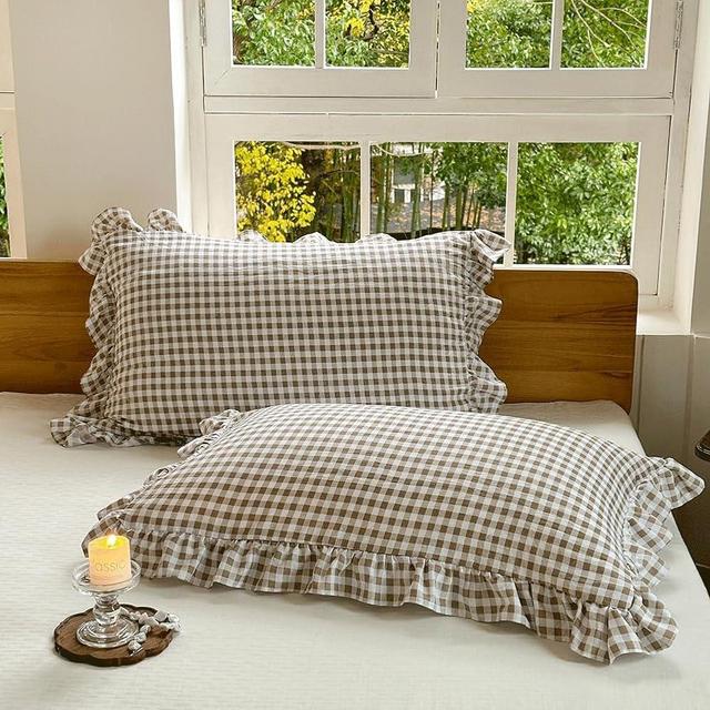 NSNLGSGC Tan Ruffled Plaid Gingham Standard Size Pillow Shams 20"x26", Set of 2 Taupe Checked Pre-Washed Microfiber Farmhouse Pillowcases for Bed/Sofa (20"x26", Tan Gingham)