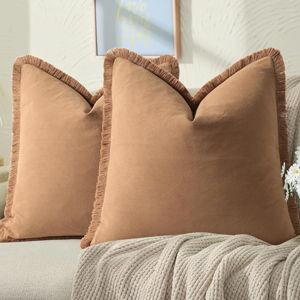 ZWJD Pillow Covers 24x24 Set of 2 Camel Throw Pillow Covers with Fringe Chic Cotton Decorative Pillows Square Cushion Covers for Sofa Couch Bed Living Room Farmhouse Boho Decor