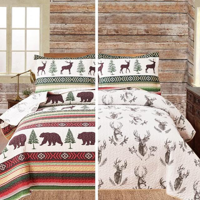 Belista Lodge Reversible Quilt Set Queen Size (90 x 90 Inches), Rustic Cabin Woods Deer Bear Pine Tree Rainbow Stripe Printed Bedspread Coverlet Bedding Cover Lightweight Bed Set for Bedroom Decor