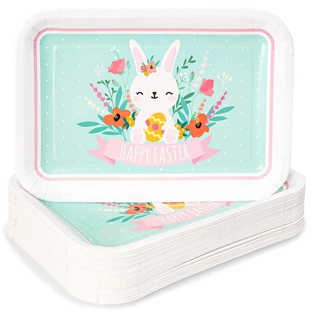 Happy Easter Paper Plates with White Bunny Rabbit (9 x 13 In, 48 Pack)