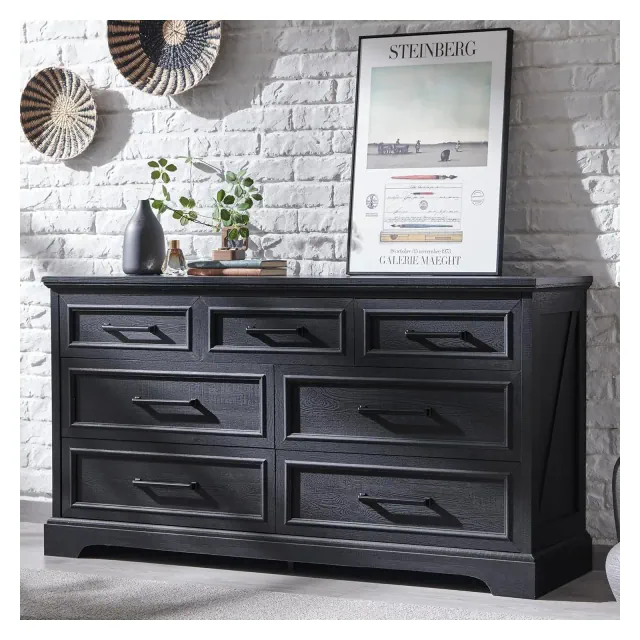 52" Wide Farmhouse 7 Drawers Dresser for Bedroom, Wood Chest of Drawers with Natural Texture for Bedroom, Living Room, Black