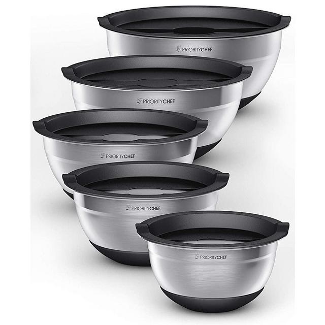 PriorityChef Stainless Steel Mixing Bowls With Lids Set of 5 - Multifunctional Stackable Measuring Bowl Set With Silicone Base - 1.2/1.7/2.2/3.6/4.7 Quart