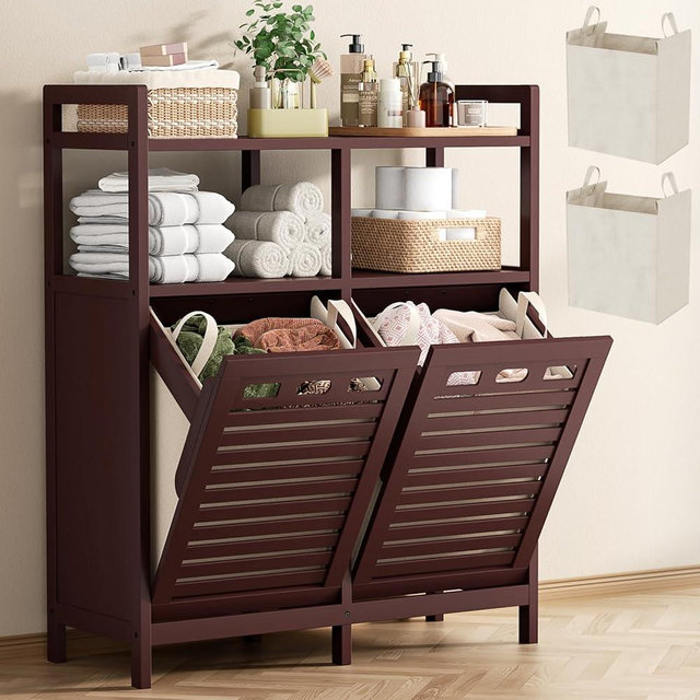 Homykic Tilt Out Laundry Hamper Cabinet, Bamboo Double Laundry Hamper with 2 Removable Laundry Baskets, 20 Gal Laundry Sorter Organizer with Shelf for Dirty Clothes, Bathroom, Laundry Room, Espresso