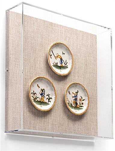 17 x 17 Wall Mounted Exhibit Case w/ Linen Backing, Acrylic Vitrine - Tan