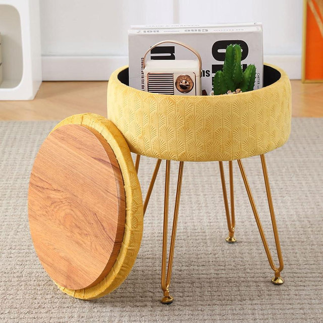 Cpintltr Velvet Ottoman Round Footrest Footstools with Storage Space Soft Vanity Chair with Memory Foam Seat Small Side Table Hallway Step Stool 4 Gold Metal Legs with Adjustable Footings Ginger