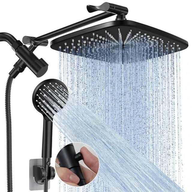 Veken 12 Inch High Pressure Rain Shower Head Combo with Extension Arm- Wide Rainfall Showerhead with 5 Handheld Water Spray - Adjustable Dual Showerhead with Anti-Clog Nozzles - Matte Black